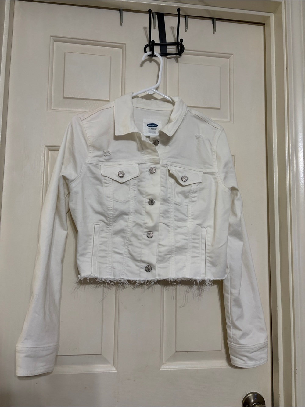 Old Navy Off-White Cropped Denim Jacket with Raw Hem